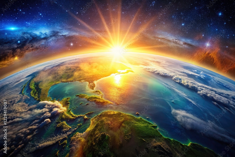 Fototapeta premium Witness Earth's stunning sunrise from space; a breathtaking cosmic dawn unfolds.