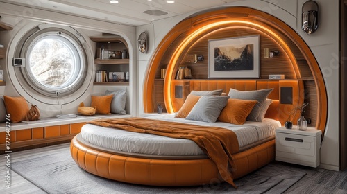 Fototapeta Naklejka Na Ścianę i Meble -  Futuristic round bed, spaceship bedroom, mountain view
