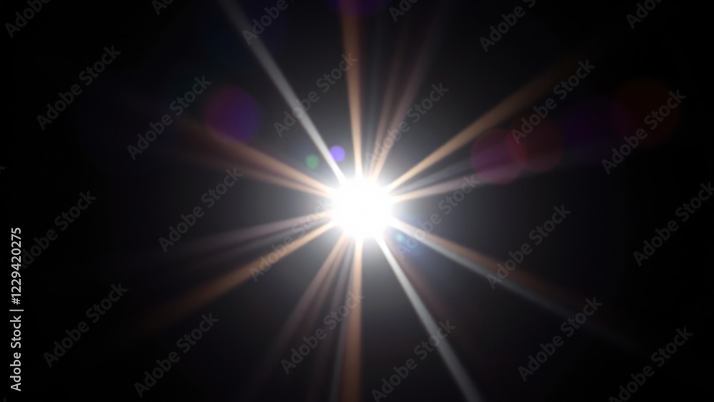 Bright Starburst Lens Flare on Black Background - Light Effect Overlay Bright Starburst Lens Flare on Black Background - Light Effect Overlay