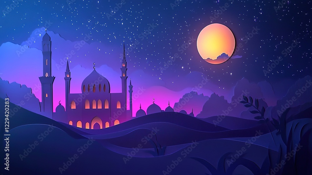 Ramadan Design with Starry Night Sky and Mosque Background in paper style design. Ramadan night. Ramadan Design with Starry Night Sky and Mosque Background in paper style design. Ramadan night.