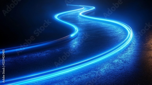 Electric Blue Light Trails On A Winding Road, High Contrast Night Scene With Crisp Vector Edges