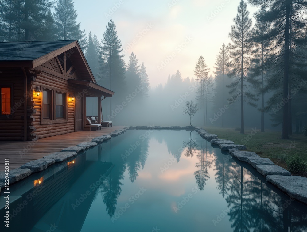 Fototapeta premium Misty morning reflections at rustic cabin pool surrounded by trees
