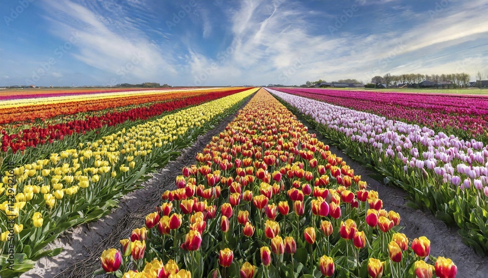 Agriculture, dense, intensely colourful flowering tulip field in Holland, AI generated, AI generated Agriculture, dense, intensely colourful flowering tulip field in Holland, AI generated, AI generated