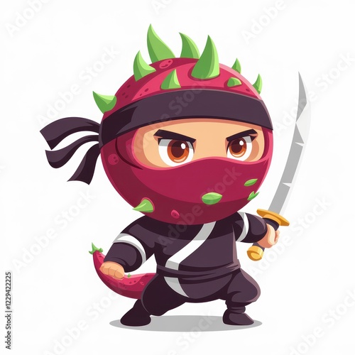 A cute dragon fruit ninja with a sword and a serious expression, standing in a battle-ready pose  photo