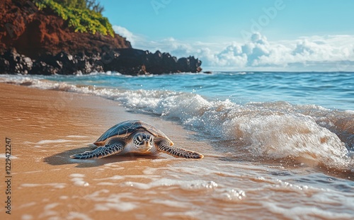 Sea turtle crawling on sandy beach with gentle waves and rocky coastline under a bright blue sky in a tropical paradise setting photo