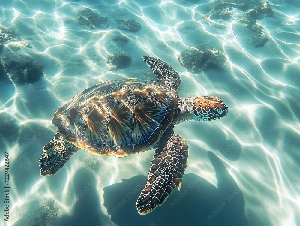 Fototapeta premium Sea turtle gracefully swimming through crystal clear ocean waters illuminated by sunlight, showcasing vibrant patterns and textures on its shell