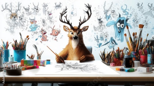 Creative deer artist sketching at drawing table cozy studio illustration whimsical environment charming viewpoint photo