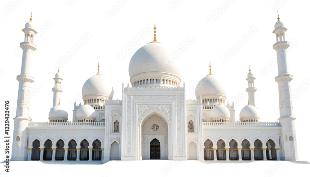 Fototapeta premium Elegant White Mosque with Multiple Domes – Isolated on transparent Background