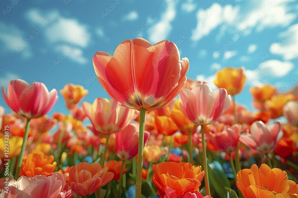 Obraz premium Low angle view of vibrant tulips reaching towards a blue sky with fluffy clouds, AI generated