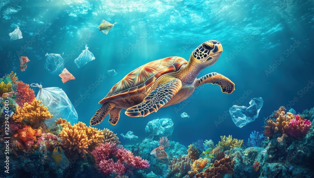 Sea turtle swimming through vibrant coral reef while navigating through ocean pollution including plastic bags and trash in clear blue water Sea turtle swimming through vibrant coral reef while navigating through ocean pollution including plastic bags and trash in clear blue water