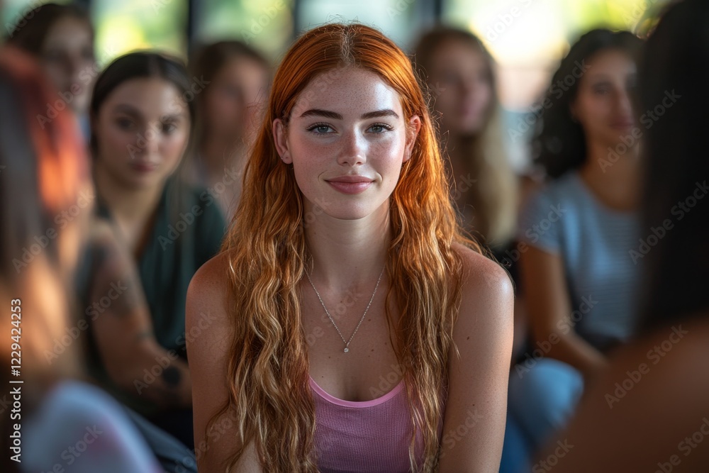 Fototapeta premium Young woman with long orange hair sits among a group of classmates in a bright and spacious learning environment