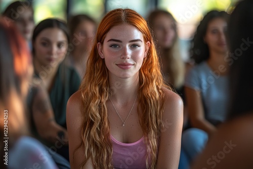 Young woman with long orange hair sits among a group of classmates in a bright and spacious learning environment