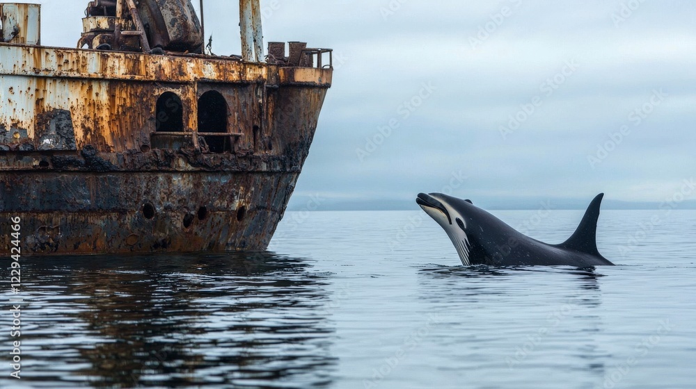 Fototapeta premium Killer whale dispute mediator navigating shipwrecks in oceanic waters wildlife documentary underwater perspective