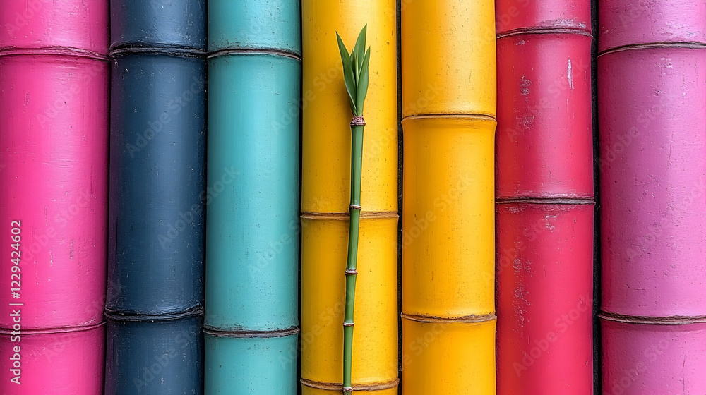 Colorful bamboo stalks, green sprout, nature background, garden decor Colorful bamboo stalks, green sprout, nature background, garden decor