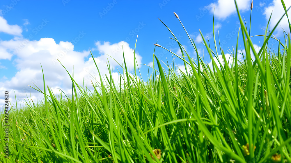 Fototapeta premium Green grass and blue sky with white clouds