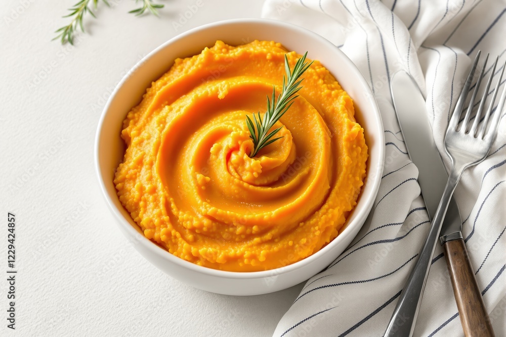 Bowl of creamy orange mashed sweet potatoes garnished with rosemary sprig, placed on white background, next to striped fabric and cutlery. Ai generative Bowl of creamy orange mashed sweet potatoes garnished with rosemary sprig, placed on white background, next to striped fabric and cutlery. Ai generative
