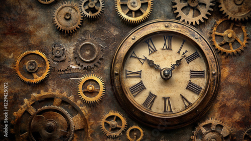 Vintage clock with intricate gears and Roman numerals set against a weathered metal background