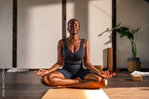 Принти на полотні Serene young black woman practicing yoga, meditating in lotus position on a mat