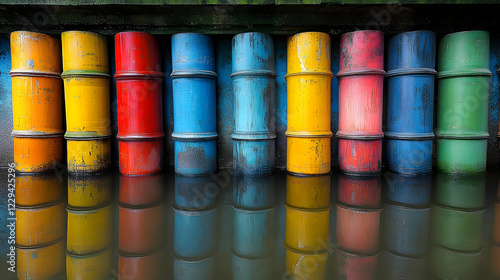 Colorful barrels reflect in calm water, near a wall; industrial waterfront scene, useful for design or background photo