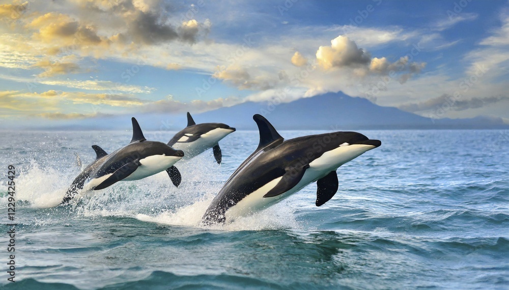 Fototapeta premium KI generiert, Tier, Tiere, Säugetier, Säugetiere, Biotop, Lebensraum, drei, Küstennähe, springen, Nahrungssuche, Orca, Orcas, Schwertwal, Schwertwale, leben in allen Weltmeeren, Tropen, Antarktis, Wal, Wale, Killerwal, Mörderwal, Butzkopf, Familie der Delphine, (Delphinidae), Großer Schwertwal, (Orcinus orca)