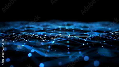 Abstract blue digital network; glowing nodes and lines flow across dark background; ideal for tech, AI, or connectivity concepts
