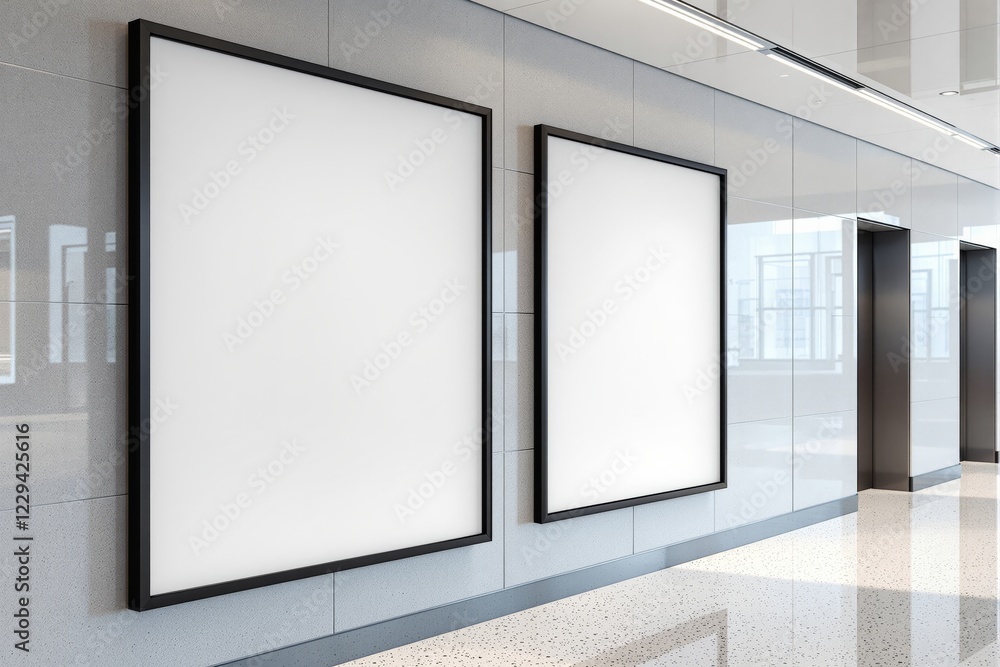 Blank poster frames on a glossy wall in a bright hallway. Clean, modern layout with reflective floor. Ideal template for creative presentations. Ai generative Blank poster frames on a glossy wall in a bright hallway. Clean, modern layout with reflective floor. Ideal template for creative presentations. Ai generative