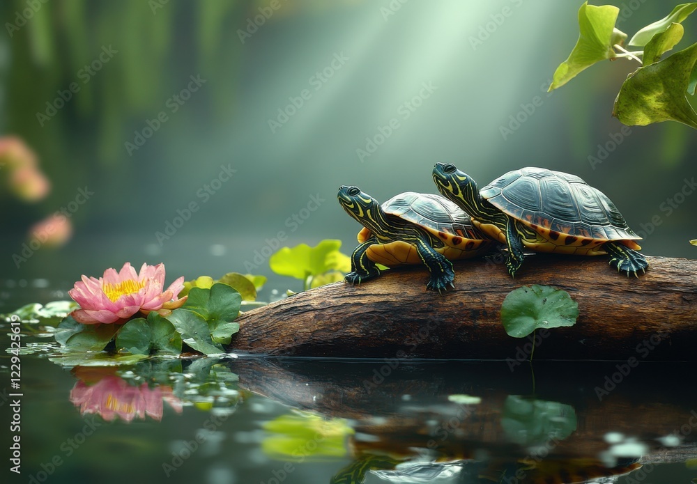 Serene Scene of Two Turtles Relaxing on a Log Near a Vibrant Water Lily in a Peaceful Pond Illuminated by Gentle Sunlight Serene Scene of Two Turtles Relaxing on a Log Near a Vibrant Water Lily in a Peaceful Pond Illuminated by Gentle Sunlight
