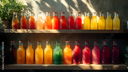 Colorful bottled drinks on shelves, sunlight, cafe interior photo