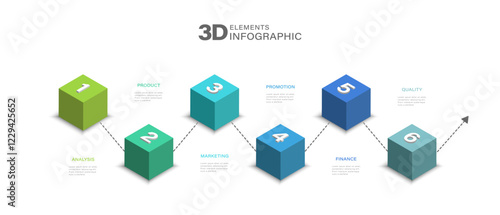 6 Steps 3D cubes Infographic. Modern infographic template with design options and vector elements for business presentations