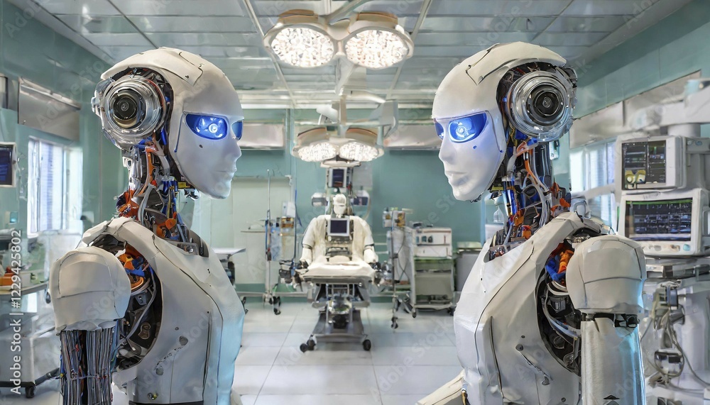 Fototapeta premium AI generated, Two human beautiful humanoid robots in the operating theatre of a hospital, specialists of the future, Aumatised, human-like, human-like, no person, operating theatre, industry, industrial, workforce, machine man, robot, robotics, robot figure, beautiful, interesting, future model