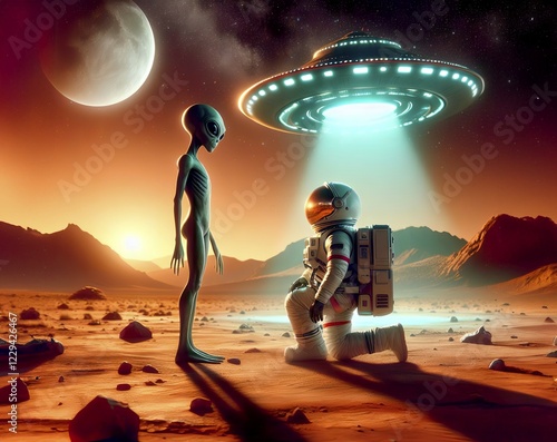 Science fiction, space travel, encounter of an extraterrestrial alien with a human on a foreign planet, a UFO lands behind, a flying saucer, AI generated, AI generated photo