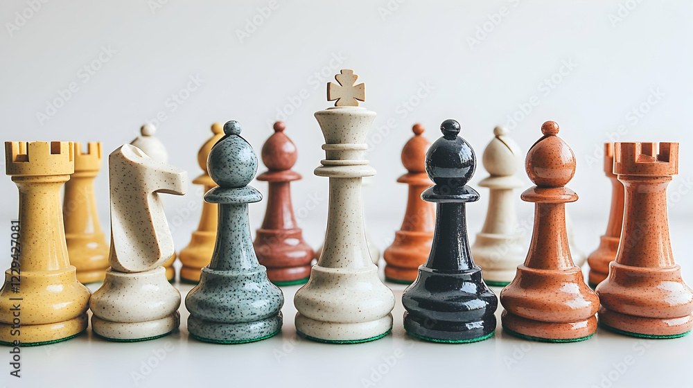 Colorful chess pieces arranged on white background, strategic game setup Colorful chess pieces arranged on white background, strategic game setup