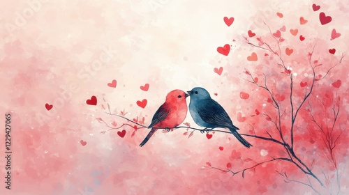 Romantic moments between colorful birds in a heart-filled scene photo