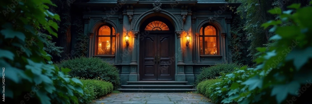 The grand entrance of a mansion with a creepy door, overgrown bushes, dark wood paneling, ornate door The grand entrance of a mansion with a creepy door, overgrown bushes, dark wood paneling, ornate door