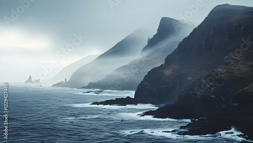 Fog enshrouded coastline with cliffs, AI generated photo