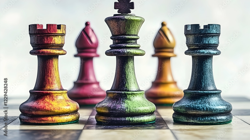 Fototapeta premium Colorful chess pieces on board, strategic game, competition, planning, business concept