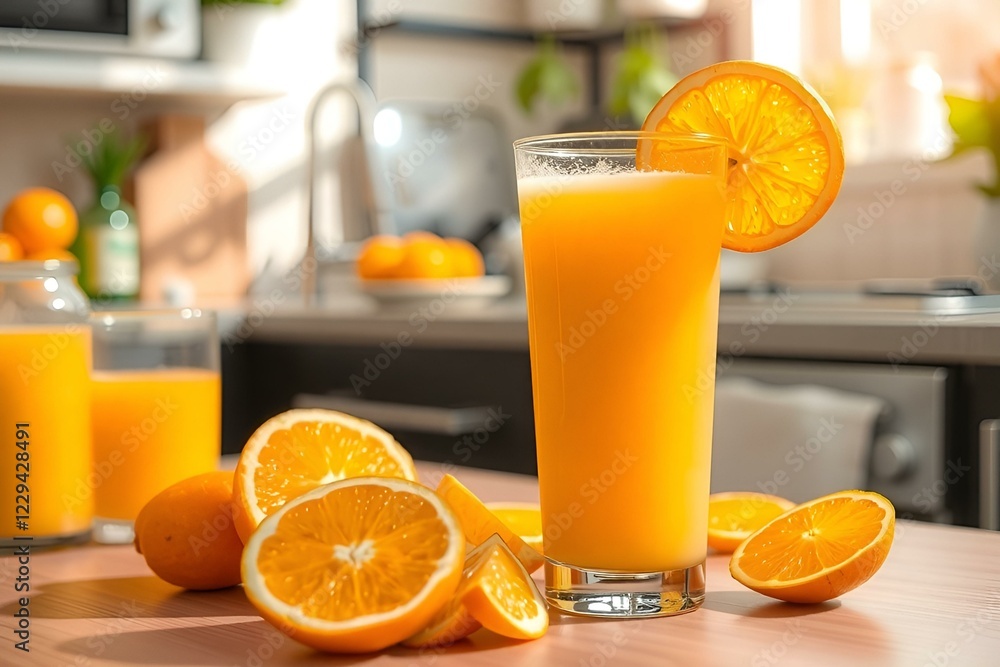 Freshly squeezed orange juice in a glass with orange slices, bright kitchen setting
Freshly squeezed orange juice in a glass with orange slices, bright kitchen setting