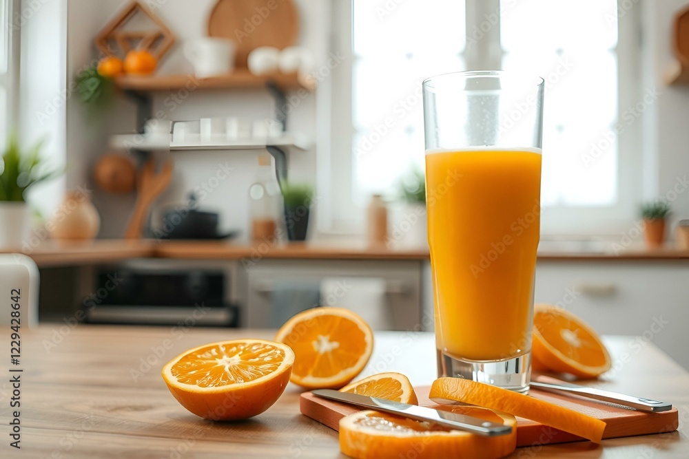Delicious orange juice with fresh oranges in a bright kitchen, healthy drink
Delicious orange juice with fresh oranges in a bright kitchen, healthy drink