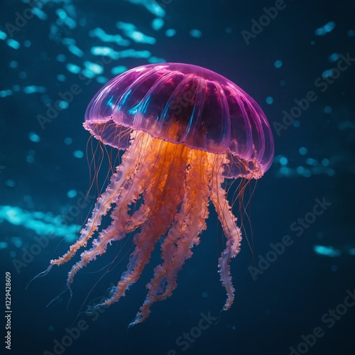 A jellyfish floating in a neon-lit futuristic ocean.