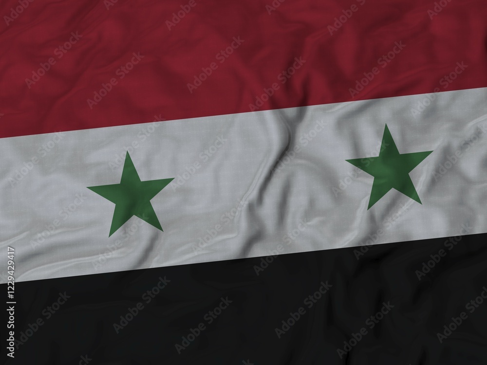 Flag with horizontal stripes in red, white, and black, with two green stars in the white stripe, Fabric Ruffled Flag Background Flag with horizontal stripes in red, white, and black, with two green stars in the white stripe, Fabric Ruffled Flag Background