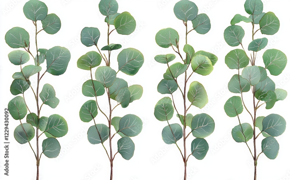 Obraz premium Watercolor illustration of blue eucalyptus branches and leaves, isolated on a white backdrop with tropical accents for a greenery-themed design