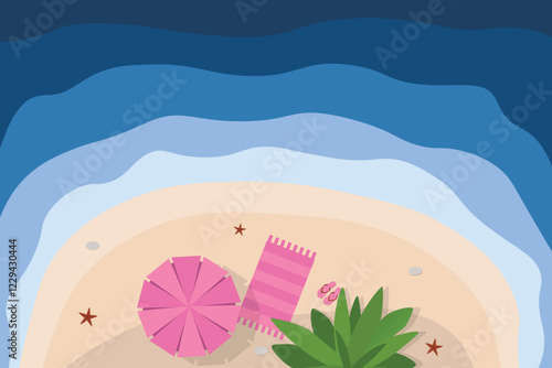 Hello summer banner. Top view island beach background with umbrella. Summer vacation poster