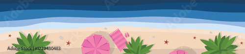 Hello summer banner. Top view island beach background with umbrella. Summer vacation poster