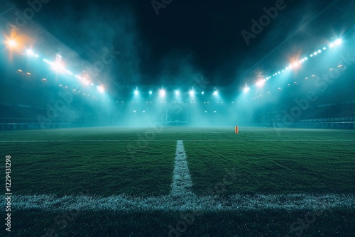 High Angle Establishing Shot  Stadium with Soccer Championship Match. Teams Play  Crowds of Fans Cheer. Football Cup Tournament. Sport Channel Television Concept  Screen Content. Wide Shot.