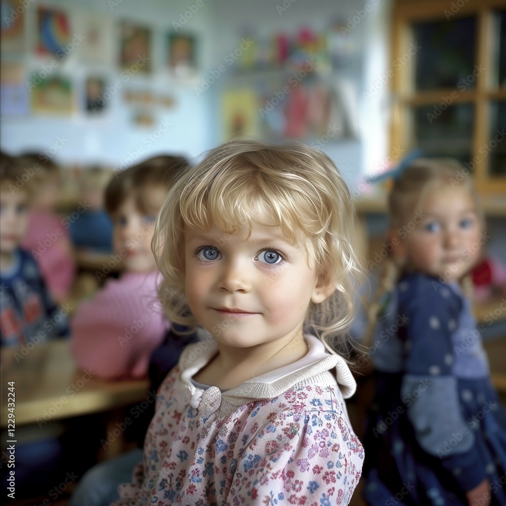 Girl with blue eyes looks curiously into the camera in a day care centre, KI generiert, AI generated Girl with blue eyes looks curiously into the camera in a day care centre, KI generiert, AI generated
