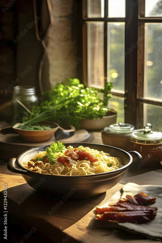 Schupfnudeln with sauerkraut and smoked bacon on a rustic stoneware plate, AI generated, KI generated Schupfnudeln with sauerkraut and smoked bacon on a rustic stoneware plate, AI generated, KI generated