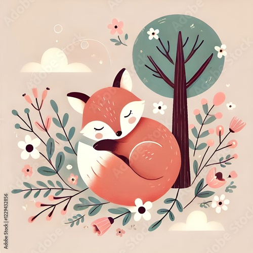 Charming vector illustration of a sleeping fox surrounded by flowers and trees
