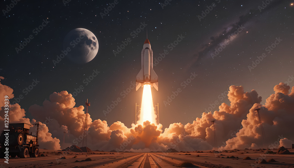 Obraz premium Rocket Ship in the Clouds and Space