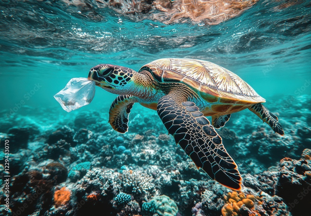 Fototapeta premium Turtle Swimming with Plastic Waste in Ocean, Marine Pollution, Environmental Awareness, Coral Reef Habitat, Underwater Photography