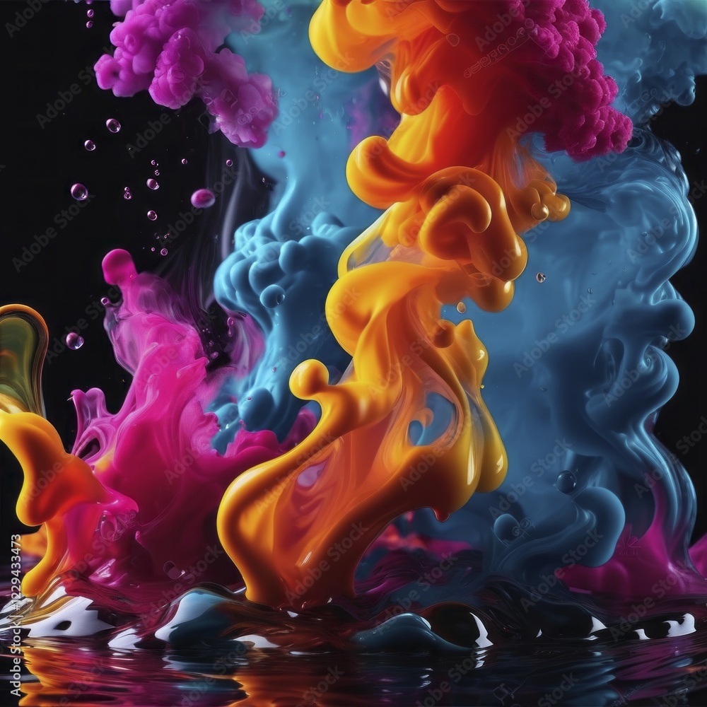 Bright swirling clouds of neon-colored smoke mixing with water, creating abstract shapes, AI generated Bright swirling clouds of neon-colored smoke mixing with water, creating abstract shapes, AI generated